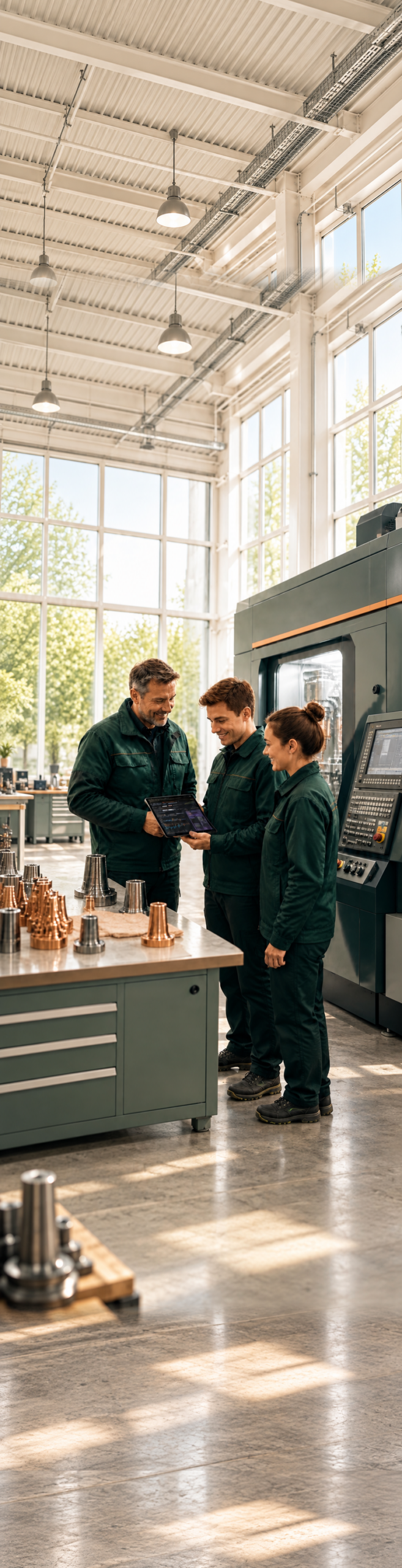 Helle Produktionshalle mit drei Produktionsfachleuten und einer PPI-Auswertung auf einem Tablet.